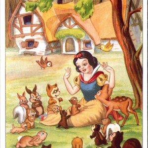 Carte postale représentant une scène de film Walt Disney, Blanche-Neige et les sept nains des années 30.