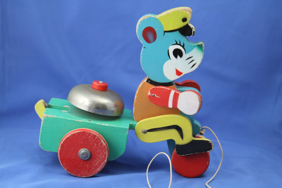 Vintage Japanese Wooden Pull Toy With Bell Etsy
