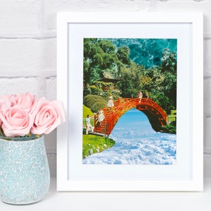 1960s Red Bridge Surreal Art Print: Retro Dreamscape Collage