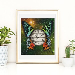Surreal Butterfly Clock Collage: Cosmic Flight and Time&#39;s Essence - Art Print Merging Nature&#39;s Beauty with Transient Reflection