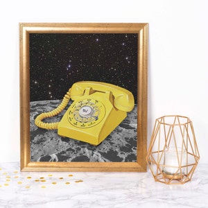 Surreal Moon Phone Collage: Vintage Nostalgia Meets Cosmic Wonder - Art Print Blending Past and Celestial Beauty - Whimsical Fusion