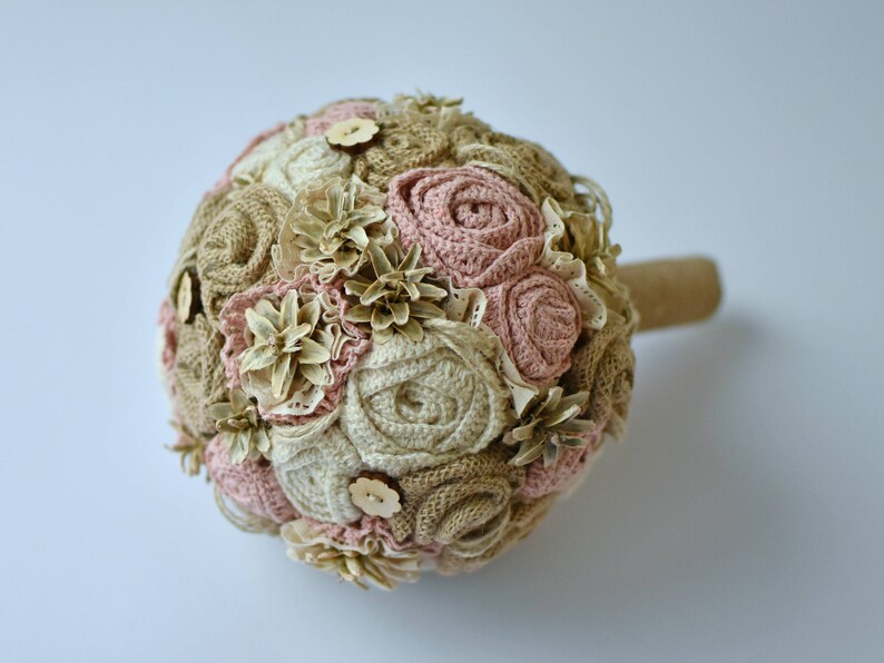 Bridal ivory lace boho ceremony dusty pink Rustic bouquet blush with burlap flowers for boho bride Winter alternative wedding pine cone