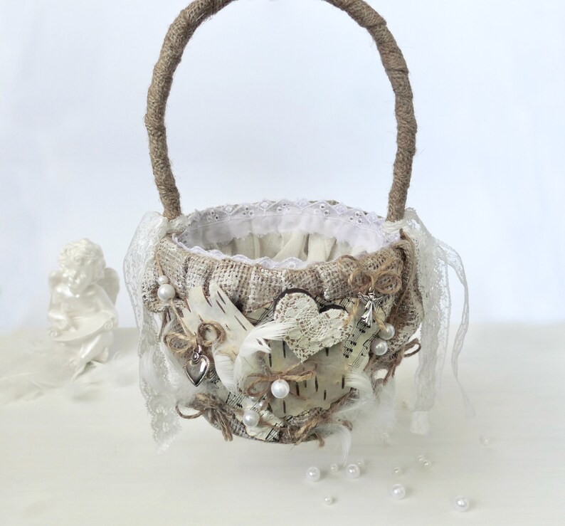 Flower girl basket boho white birch heart feathers Burlap and Etsy