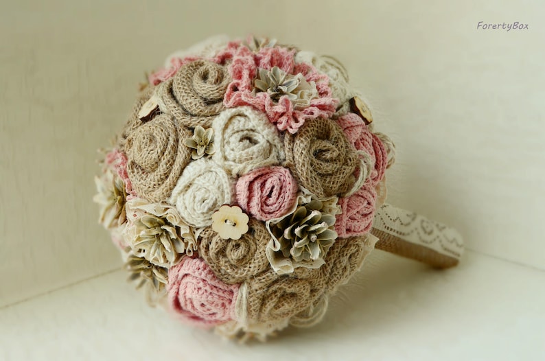 Bridal ivory lace boho ceremony dusty pink Rustic bouquet blush with burlap flowers for boho bride Winter alternative wedding pine cone