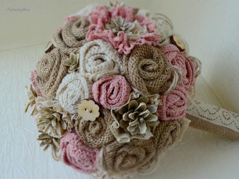 Bridal ivory lace boho ceremony dusty pink Rustic bouquet blush with burlap flowers for boho bride Winter alternative wedding pine cone