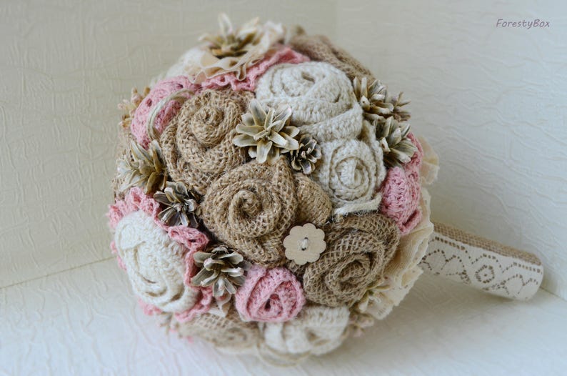 Bridal ivory lace boho ceremony dusty pink Rustic bouquet blush with burlap flowers for boho bride Winter alternative wedding pine cone