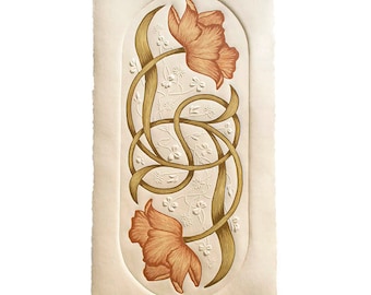 Intertwined | Embossed, Original, Hand-Carved Relief Print, Block print, Tulip and Clover Linocut
