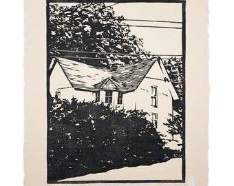 Hidden Treasure | Original Limited Edition Block Print, Hand-Carved, Old House, Homestead, Victorian, Farmhouse