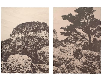 Pilot Mountain | Embossed, Original, Limited Edition Block Print, Blue Ridge Parkway, Piedmont, Appalachain Mountains