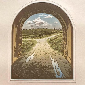 The Light at the End | Embossed, Hand-Carved Relief Print, Block print, Moses Cone, Tunnel, Blue Ridge Parkway, Appalachian, Clouds