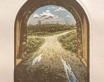 The Light at the End | Embossed, Hand-Carved Relief Print, Block print, Moses Cone, Tunnel, Blue Ridge Parkway, Appalachian, Clouds