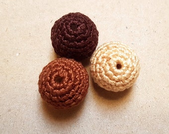 Crochet beads 18 mm 5 PCS 5/8", Wooden crochet cotton beads, Crocheted beads, Beige coffee brown high quality beads, Perles rondes