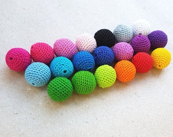 Cotton beads 20pcs 20mm, Thread beads, Rainbow beads, Wooden beads, Crocheted beads, Color beads, Round beads, Crochet beads, DIY Supplies