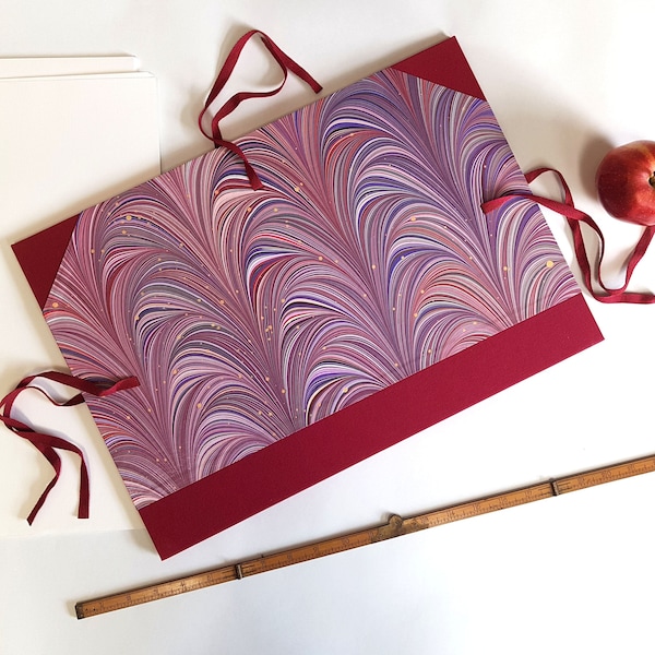 A3 - Artist Portfolio Folder - Pink and Purple Fern Marbled Paper- Handmade