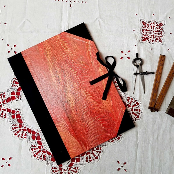 A4 - Artist Portfolio Folder - Scarlet Marbled Paper- Handmade
