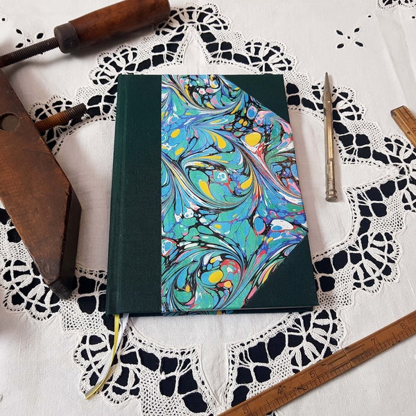 A5 Notebook - Lake Green  Marbled Journal - Handmade - Lined and Plain