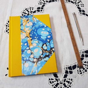 A5 Notizbuch - Gelb und Blau marmoriertes Journal - Handgemacht - Liniert und Uni