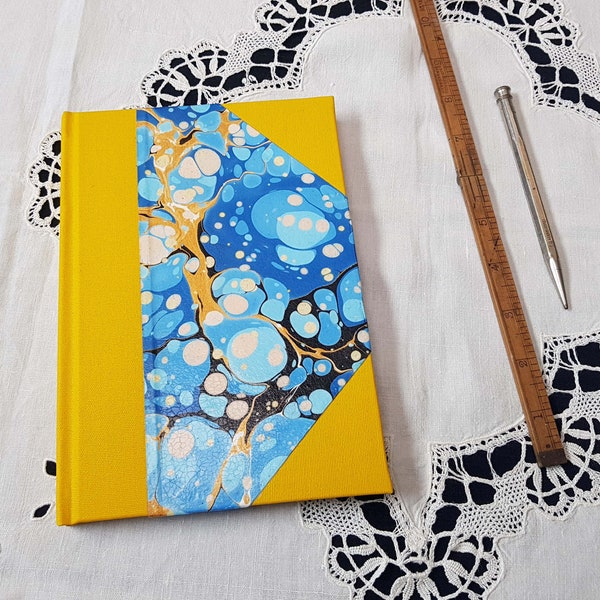 A5 Notebook - Yellow and Blue Marbled Journal - Handmade - Lined and Plain