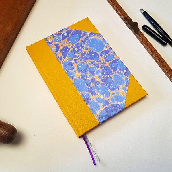 A5 Notebook - Blue and Yellow Marbled Journal - Lined and Plain - handmade