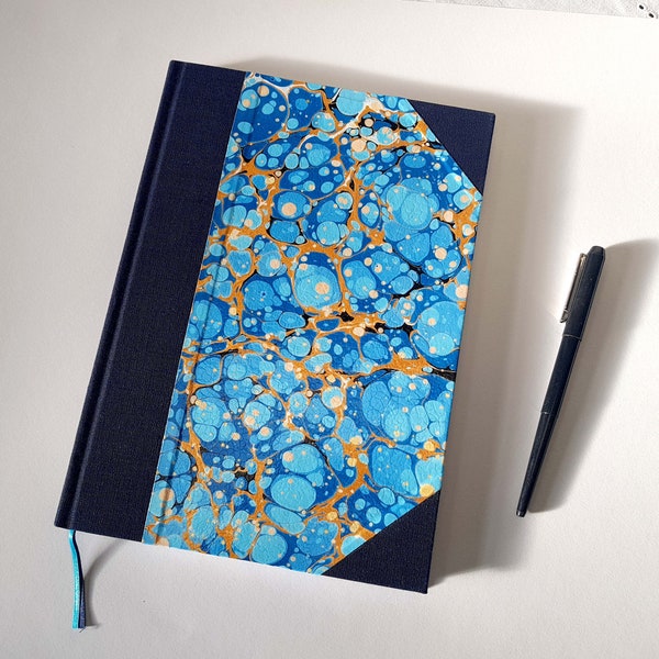 A4 Notebook - Blue Ledger Marbled Journal - Handmade - Lined