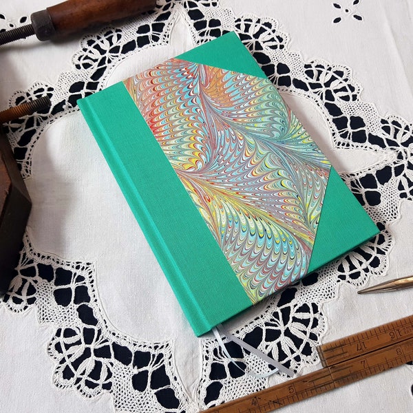 A5 Notebook - Carribean Green Marbled Journal - Handmade - Lined and Plain