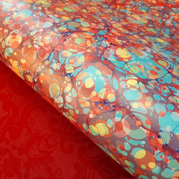 1 x A1 - Varnished Purple Red and Blue Stone Double Marbled Paper - handmade for bookbinding, restoration, découpage and paper crafts