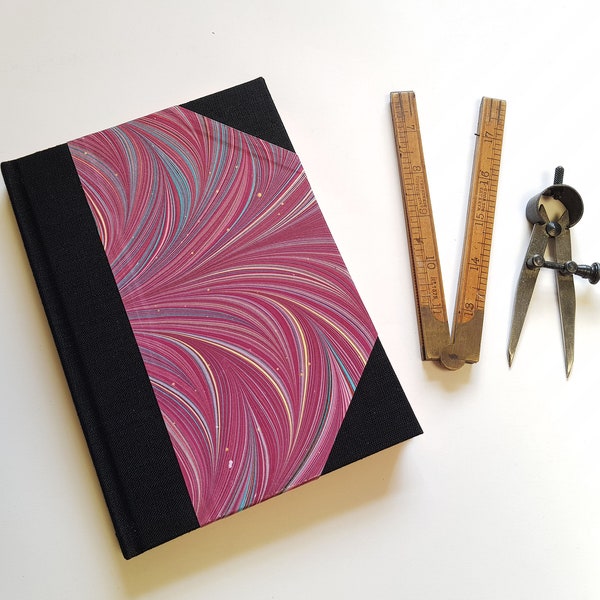 A5 Notebook - Magenta Pink Marbled  Journal - handmade- Half Bound with Black Linen - Lined and Plain