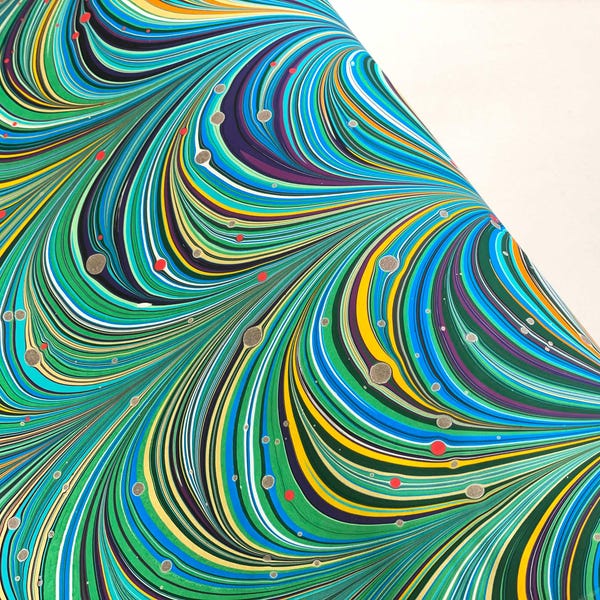 Green and Amber Fern Marble - Marbled Paper - for bookbinding, paper crafts and découpage