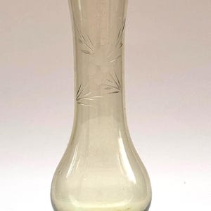 Vintage Etched Blown Glass Bud Vase Twisted Stem, Green Tint, Floral Design 1980s Decor