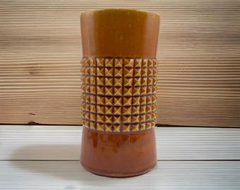 Vintage Secla Portugal Ceramic Vase Geometric Relief Brown Burnt Orange Decor Pottery Vessel MCM Brutalist
