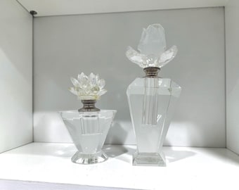 Vintage Shannon Crystal Perfume Bottles Pair Floral Stoppers Glass Daubers Vanity Boudoir Art Deco Dressing Table Decor