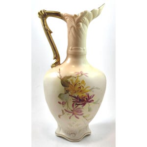 Antique Vase Ewer PH Austria Porcelain Ivory Floral Gold Handle Art Nouveau Decor Late Victorian