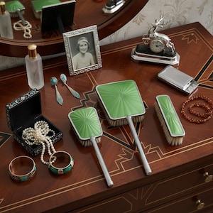 green glass dressing table set Vintage Green Glass Dressing Table Set  Kernow Furniture