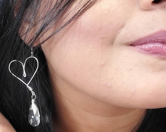 Clear crystal quartz earrings, Heart hoop earrings silver, Heart shaped Thin  earrings, Clear Silver Earrings, clear stone earrings