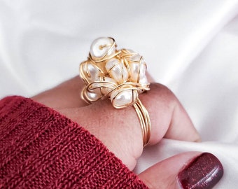 Pearl rings for women gold, Freshwater Pearl Ring, Pearl rings for women, Geometric Gold Ring, June Birthstone Ring, Gold Wire Wrapped Ring