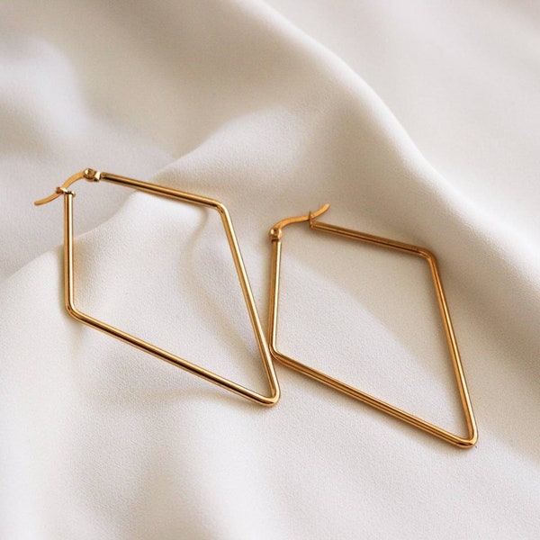 Rhombus hoop earrings, Thin gold hoops, Large geometric earrings,Gold filled hoops,Diamond Hoops Light Weight Earrings,gifted birth daygifts