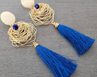 Blue tassel earrings, Gold Geometric Tassel earrings, Something blue for bride, Gold tassel earrings, long earrings, Blue earrings wedding