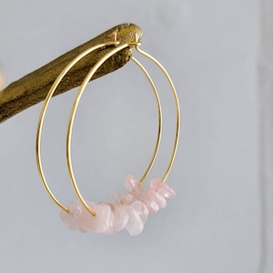 Rose quartz Hoops earrings, Raw Rose quartz earrings, Thin hoop earrings, Raw crystal earrings, Raw stone earrings, christmas-gifted
