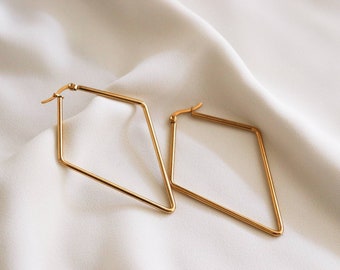 Rhombus hoop earrings, Thin gold hoops, Large geometric earrings,Gold filled hoops,Diamond Hoops Light Weight Earrings,gifted birth daygifts