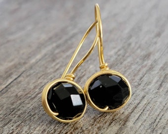 Small black earrings, Black circle earring, Small round dangleTiny drop earrings, Chunky black earrings, Huggie earrings, Wire Wrapped