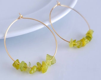 Olive Jade earrings, Jade hoop earrings, Gold jade earrings, Gold hoop earrings, Thin jade Hoop Earrings, Jade Gemstone earrings