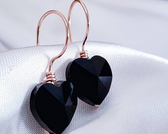 Black Heart Earrings, Cute minimal earrings, Heart shaped earrings, Black crystal earrings, Asymmetrical earrings, Heart huggie earrings