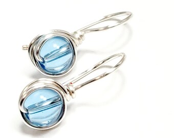 Blue Drop Earrings, Silver Wire Wrapped Blue Dangle Earrings, Simple Wedding Earrings, Something Blue Earrings, Crystal Blue Earrings