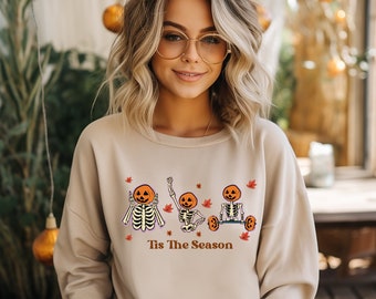 Skeleton Fall Halloween sweatshirt, Dancing skeleton, Fall sweatshirt, spooky sweatshirt, Pumpkins sweatshirt,Trick or treat,Holiday apparel