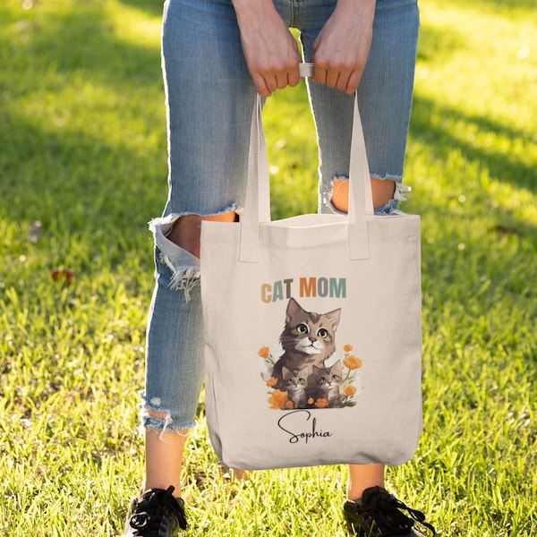 Custom cat mom tote bag, Personalized tote, Cat lover tote bag, school tote bag, custom cat gift, cat illustration, crazy cat lady