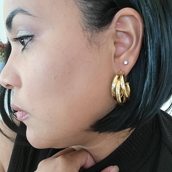 Large Triple hoop earrings, Thick hoop earrings, Chunky gold silver earrings, Lightweight earrings, Gold Triple Earrings,Party Hoop Earrings