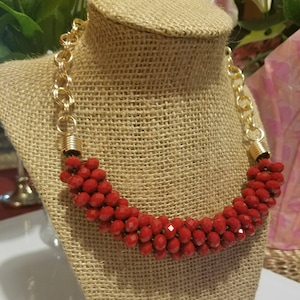 Red crystal Necklace, Choker necklace for women, Chunky choker necklace, Bold statement necklace, Chunky bib necklace, gold chocker necklace