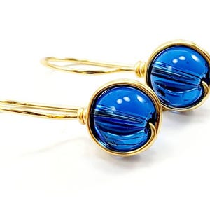 Tiny drop earrings, Wire Wrapped Dangle Earrings, Royal blue Earrings, Asymmetrical earrings, 1st mothers day gift