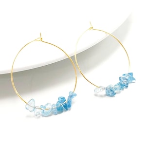 Aquamarine Hoop Earrings, Dainty earrings, big hoop earrings, Birthstone Hoop Earrings, Raw Aquamarine Hoops, something blue, bohoearrings