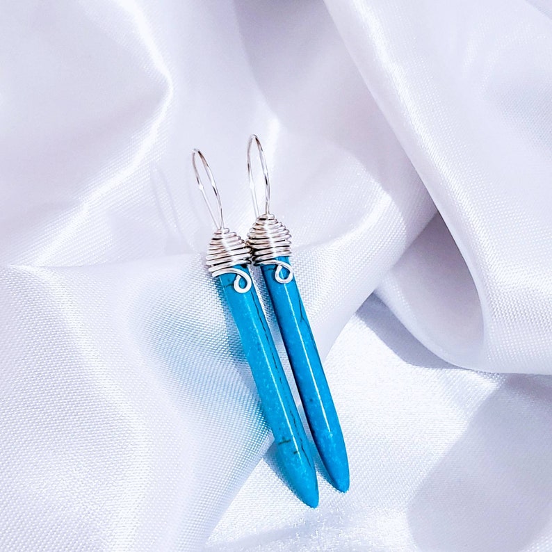 Turquoise Spike Earrings, Turquoise Gypsy Earrings, Long Dangling Earrings, Boho Chic Jewelry, Howlite Stone, mothers day gift, gift for mom Silver